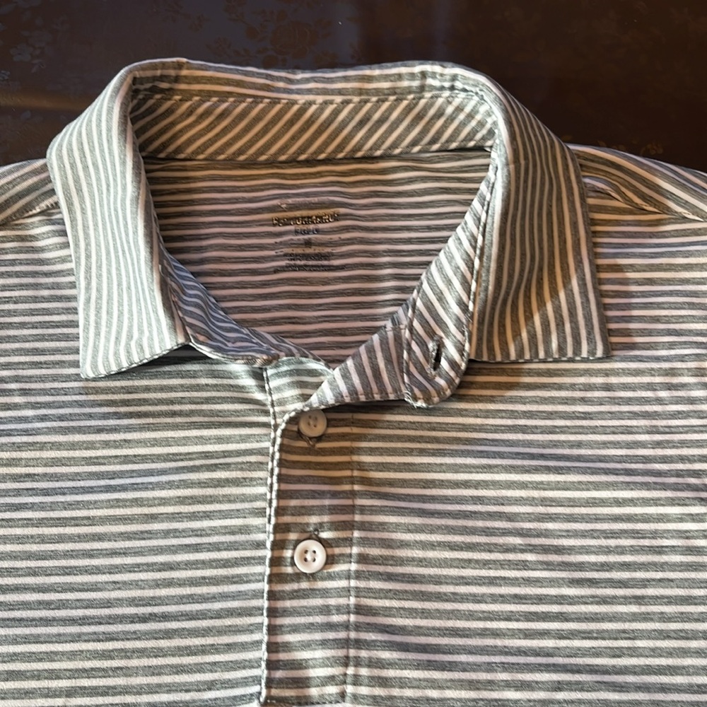 Men’s gray/white striped polo, size medium